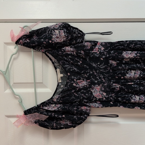 LoveShackFancy Silk Navy Midi Dress with Pink Floral Design - Picture 2 of 10